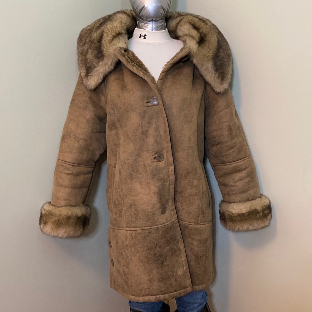 Freestyle Tan Faux Shearling Long Coat with Faux Fur Trim